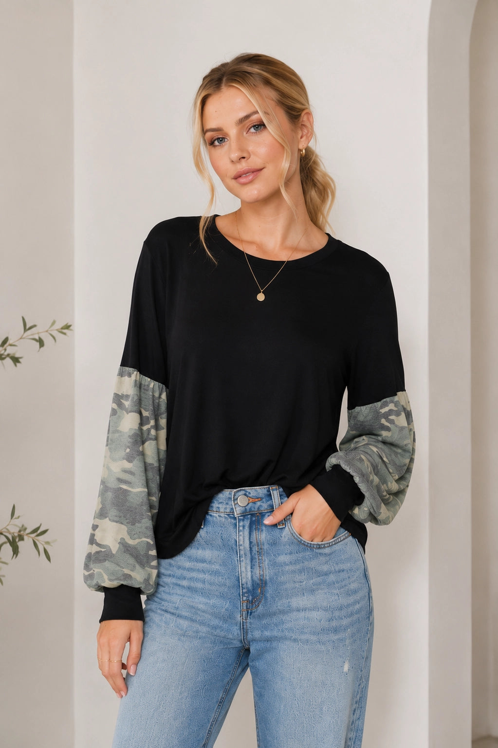 Ready Babe Camo Sleeve Top