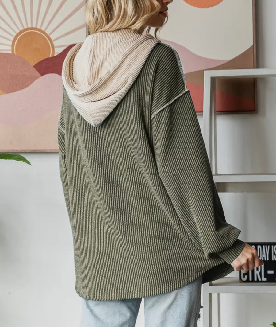 Lynn Olive Ribbed Hooded Top
