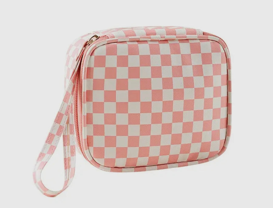 Pink Checkered Travel Cosmetic Case