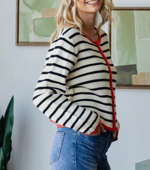 Clara Stripe Zip Up Red Cardigan