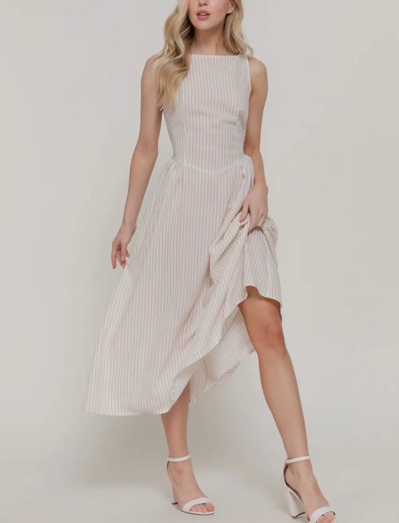 Evelyn Linen Print Beige Dress