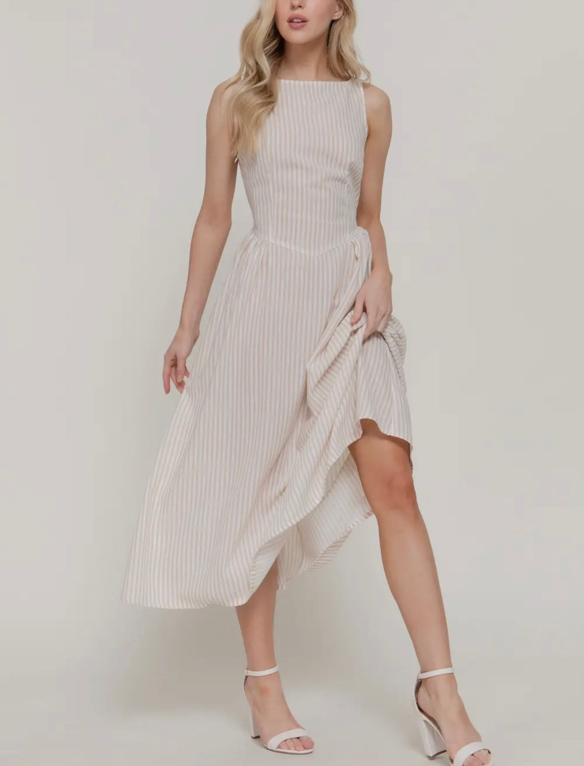 Evelyn Linen Print Beige Dress