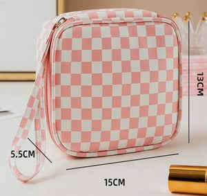 Pink Checkered Travel Cosmetic Case