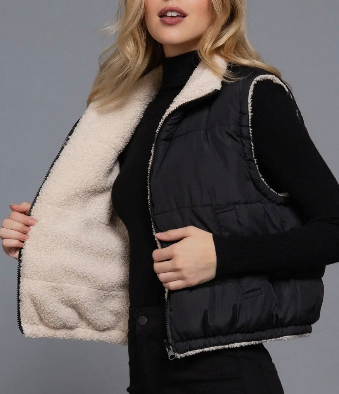 Reversable Bae Cropped Black & Sherpa Vest