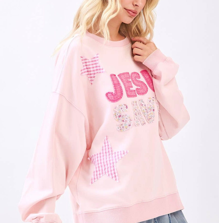 Jesus Saves Pink Patch Work Crewneck