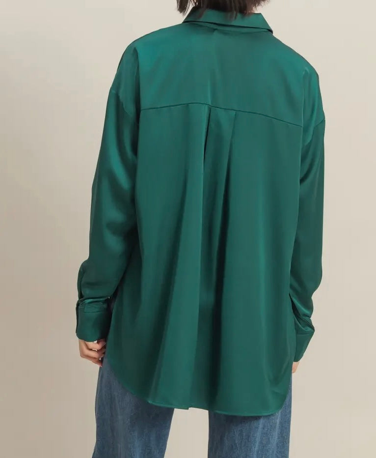 Mal Dark Green Satin Oversized Button Down Top