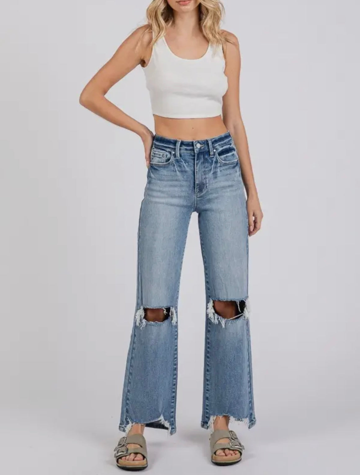 Blaze High Rise Wide Leg Distressed Jean