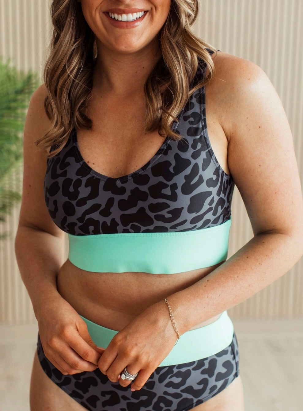 PREORDER Kissed By Sun Leopard Charcoal & Mint Swim Top Or Bottom