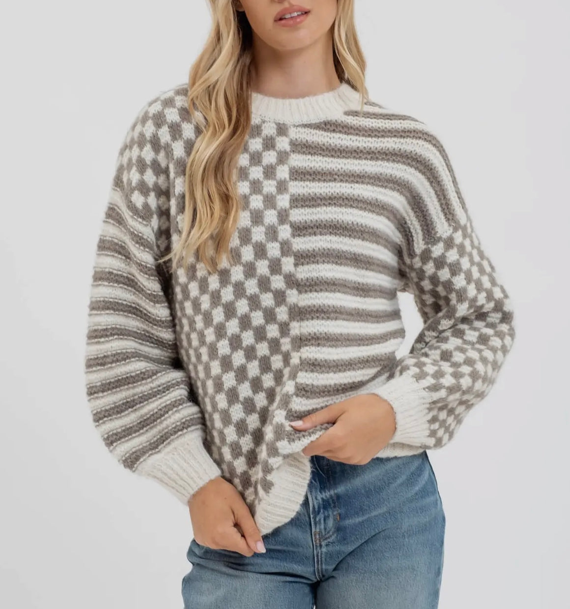 Stripe & Checks Olive Crewneck Sweater