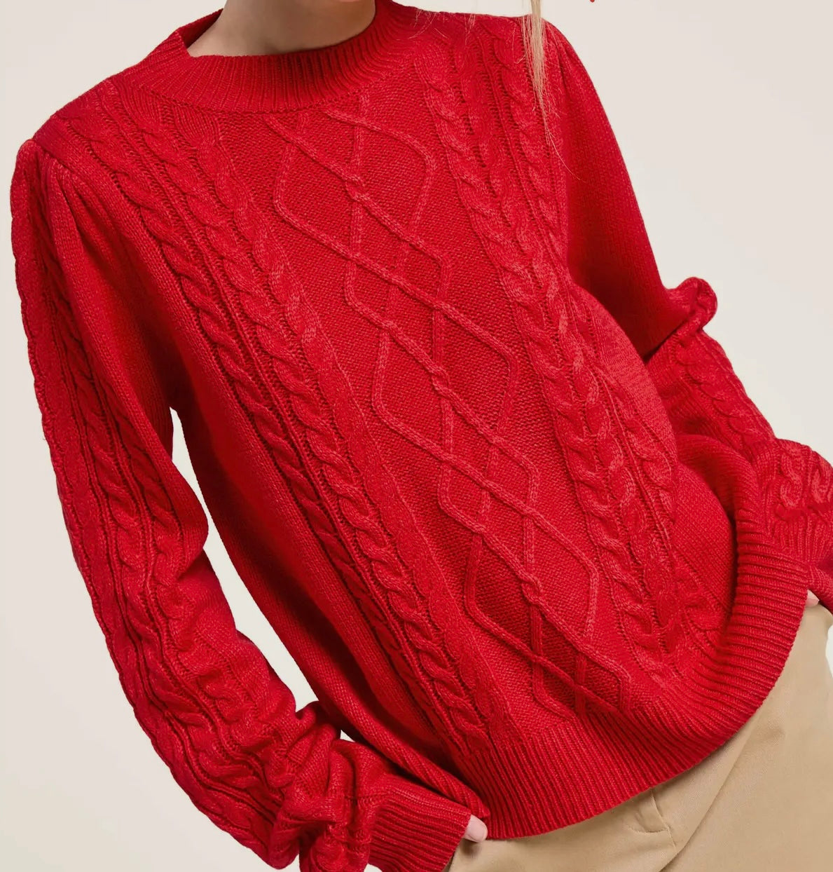 Ruby Red Soft Ribbed Cable Knit Sweater