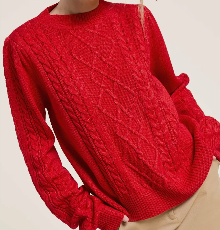 Ruby Red Soft Ribbed Cable Knit Sweater