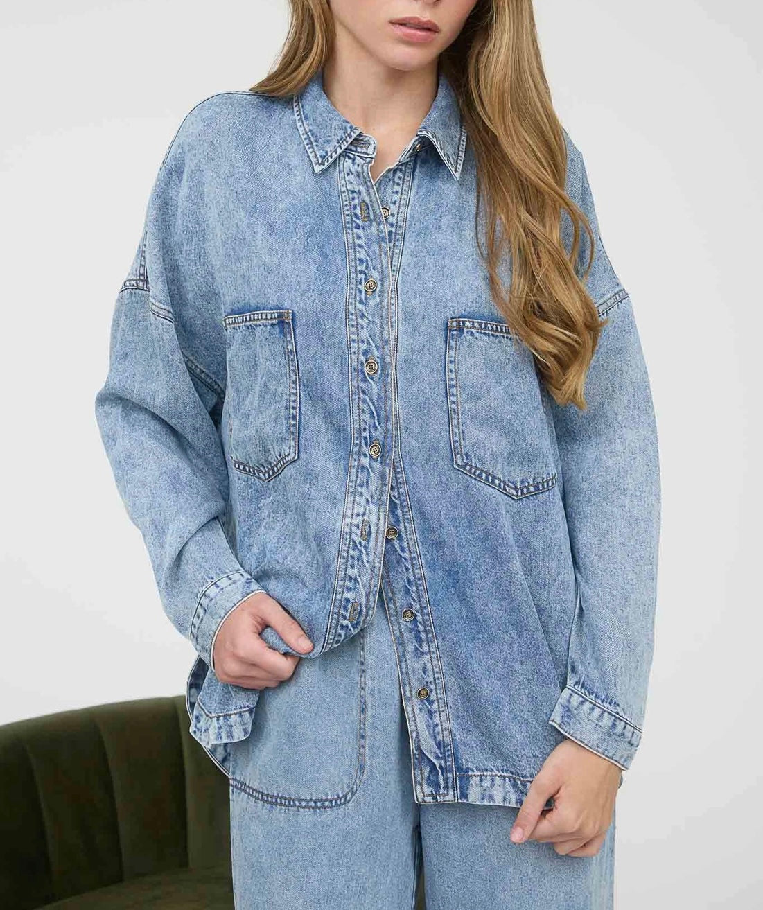 Zeva Washed Chambray Button Down Long Sleeve Top
