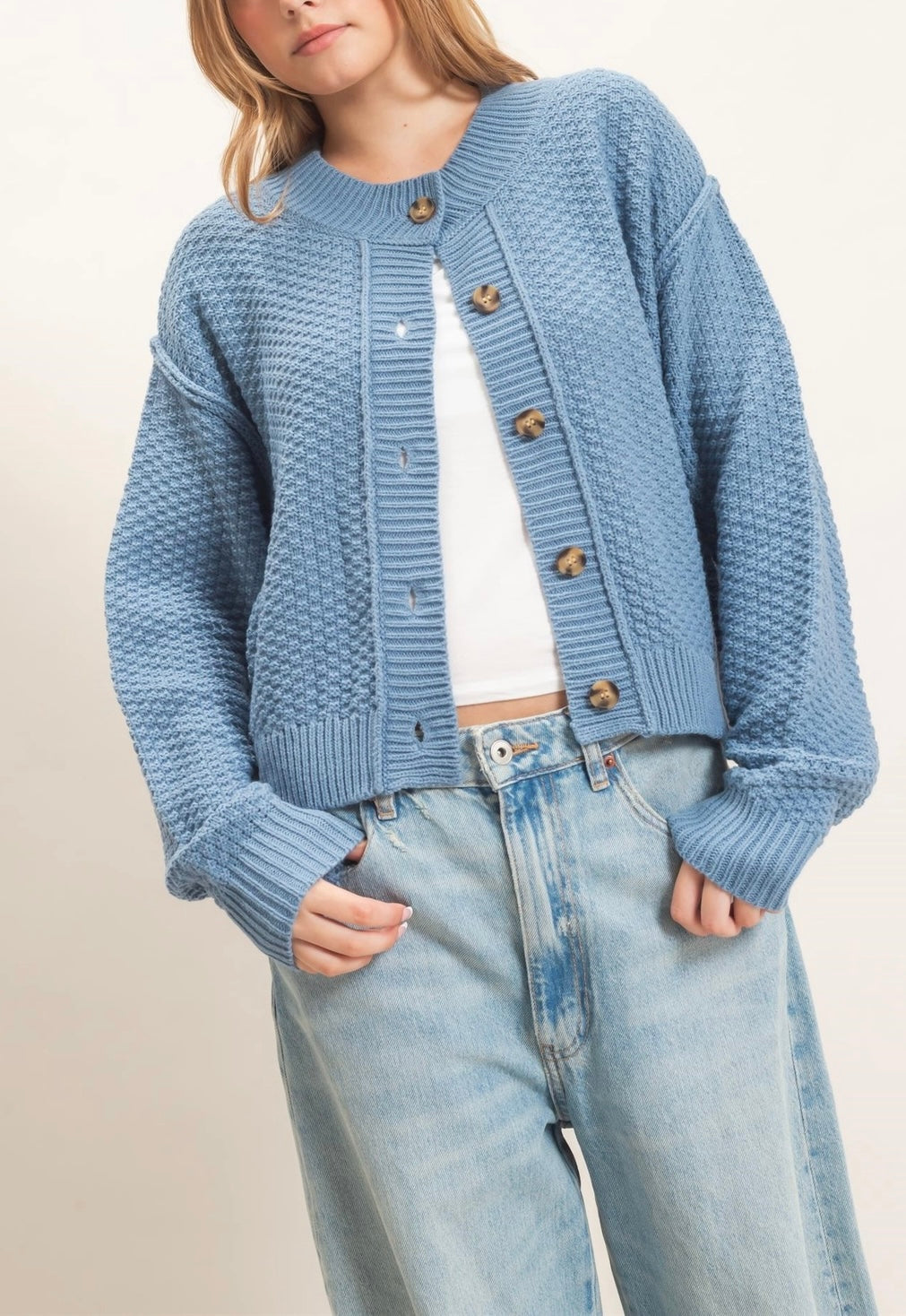 Hannah Blue Textured Knit Sweater Cardigan