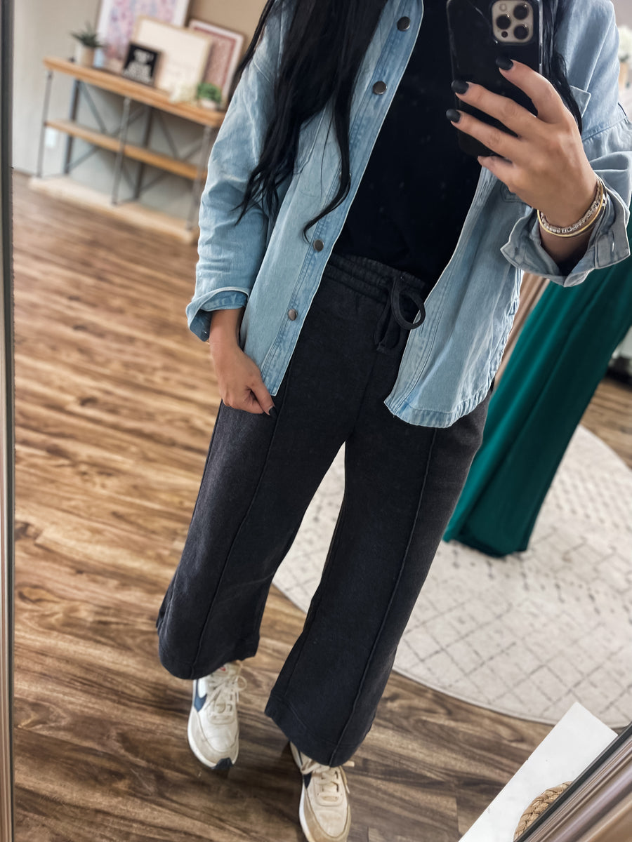 Lincoln Acid Washed Fleece Lined Wide Leg Pant