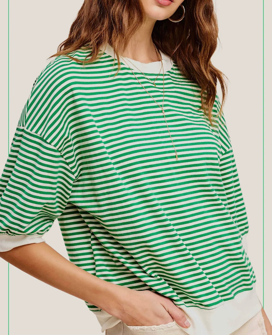 Playing Today Green Striped Short Sleeve Top