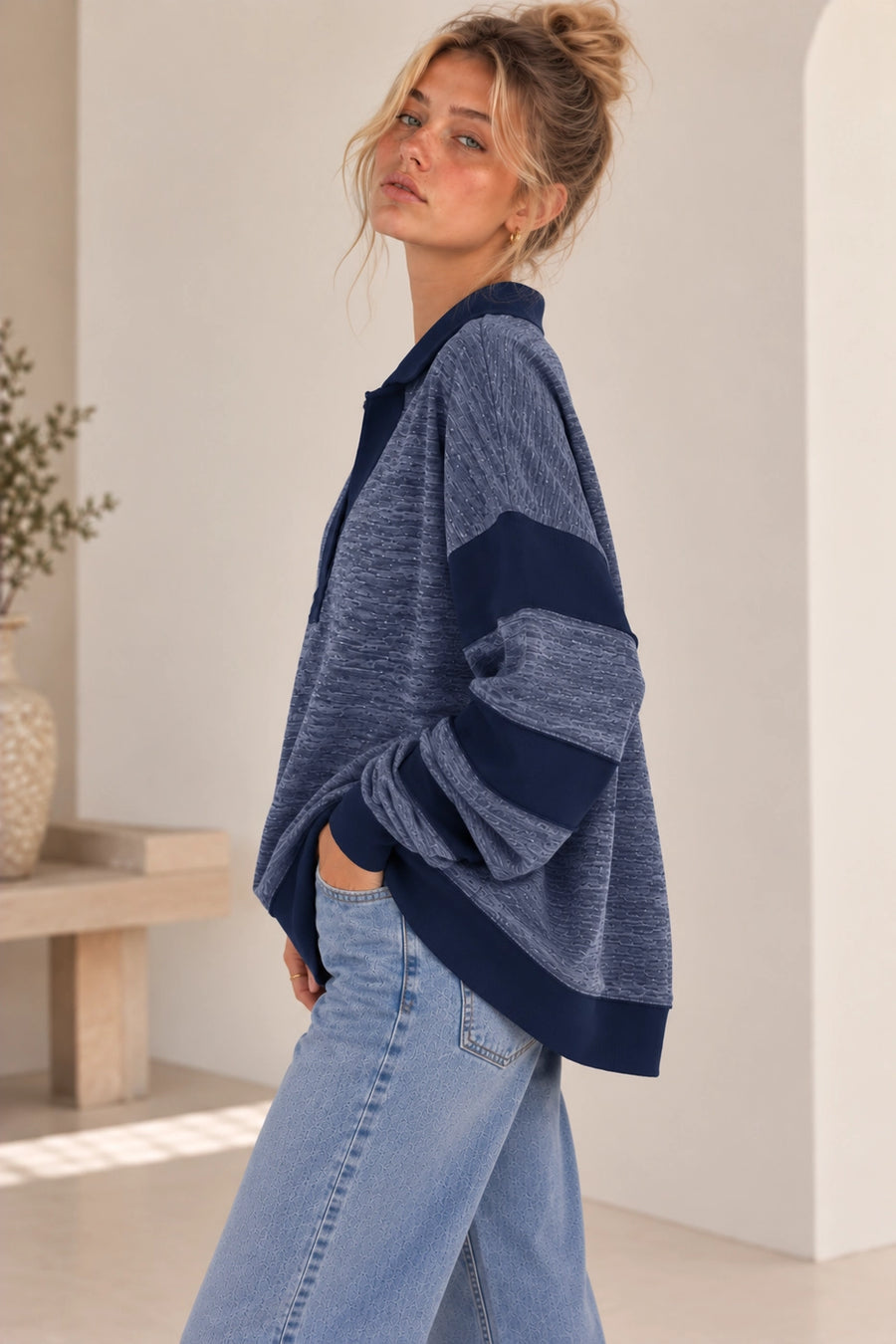 New Day Navy Rib Contrast Top
