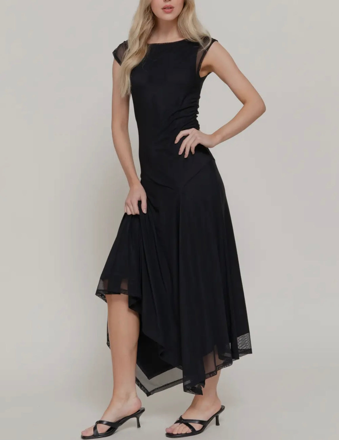 Piper Gathered Mesh Midi Black Dress