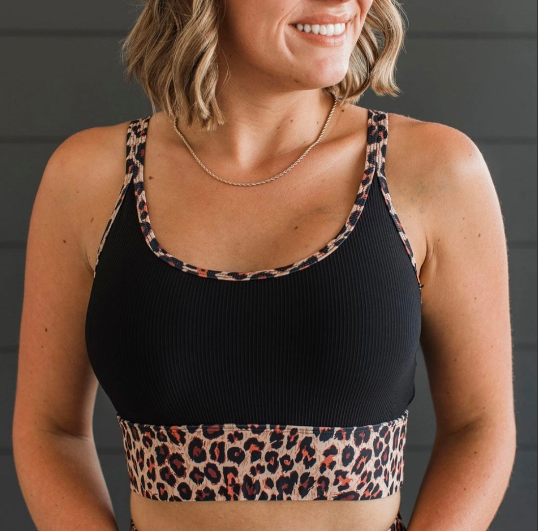 Preorder Chasing Tides Ribbed Black & Leopard Swim Top