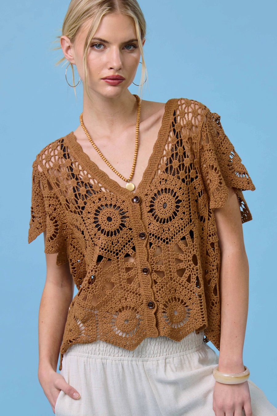 Ella Knot Crochet Daisy Top Mocha