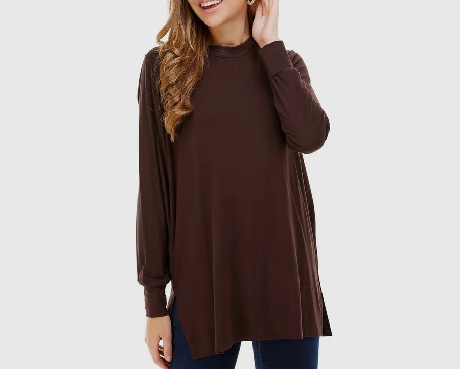 Dark Brown Long Sleeve Double Side Slit Top