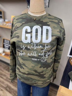 God Is Within Her She Will Not Fail Green Camo Crewneck