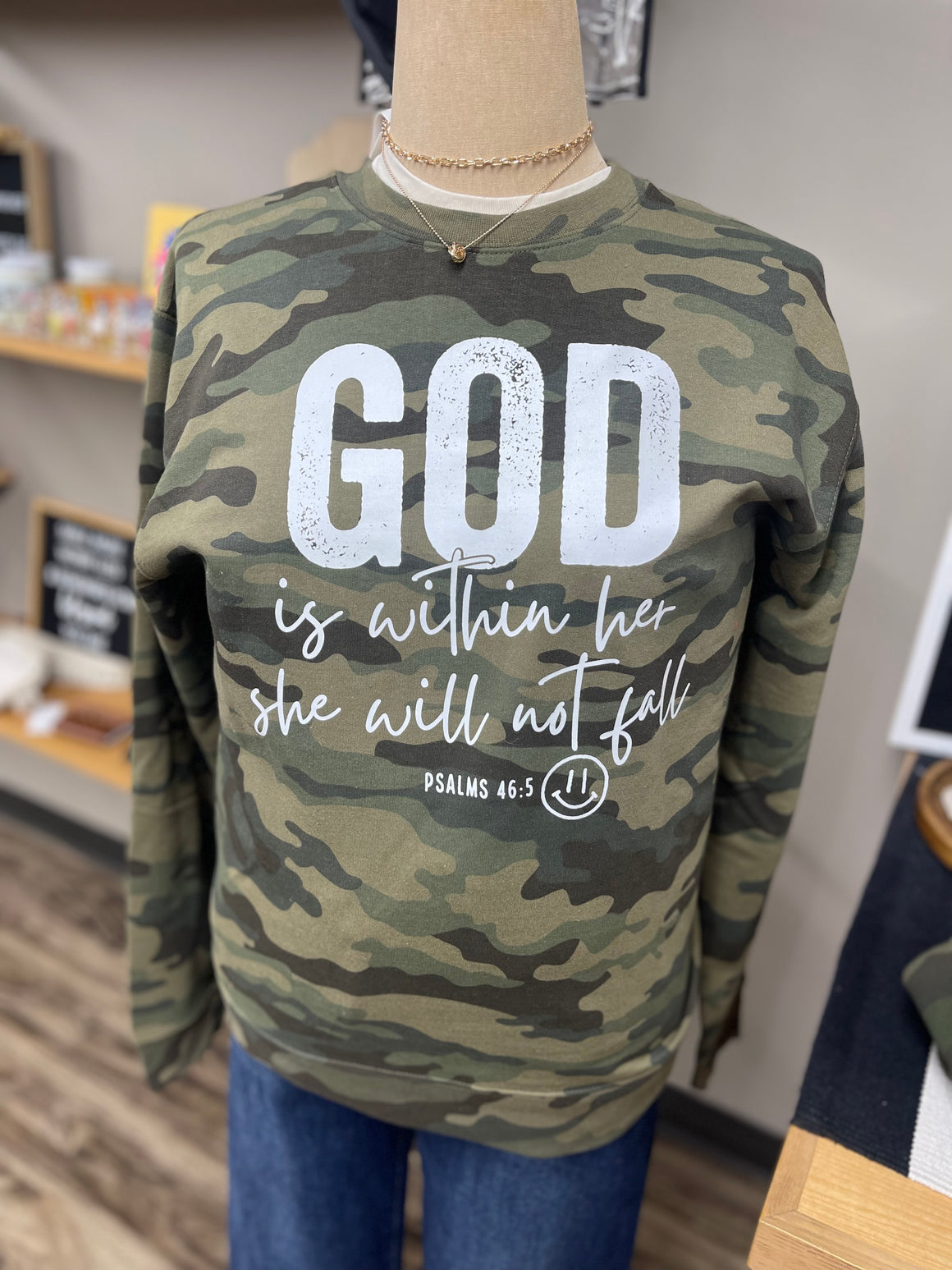 God Is Within Her She Will Not Fail Green Camo Crewneck