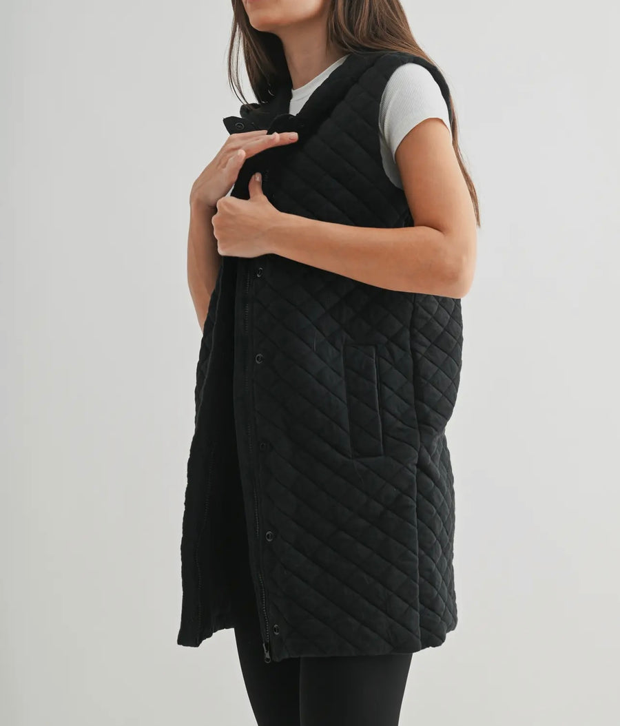 Katie Quilted Black Longline Vest