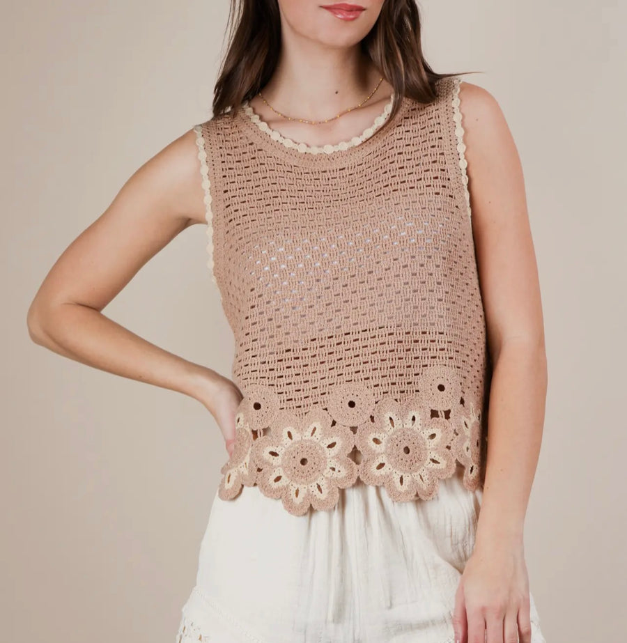 Faye Crochet Floral Trim Mocha Top