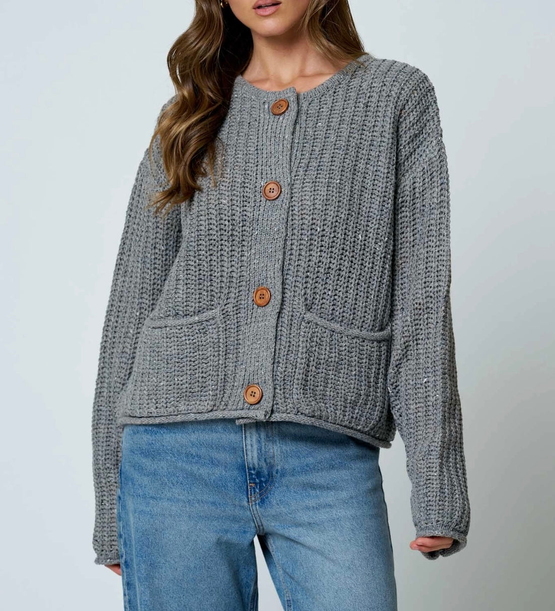 Maren Button Front Grey Chunky Sweater/Cardigan