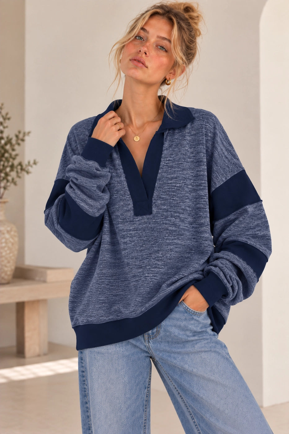 New Day Navy Rib Contrast Top