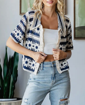 Ray Button Up Navy Floral Crochet Top