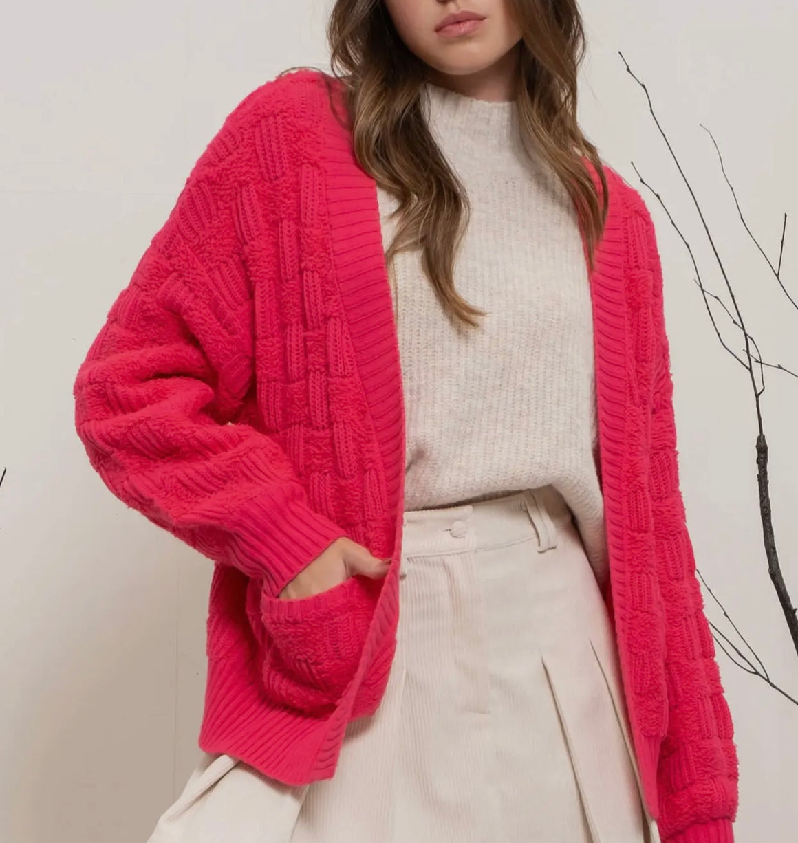 Checkered Hot Pink Textured Cardigan