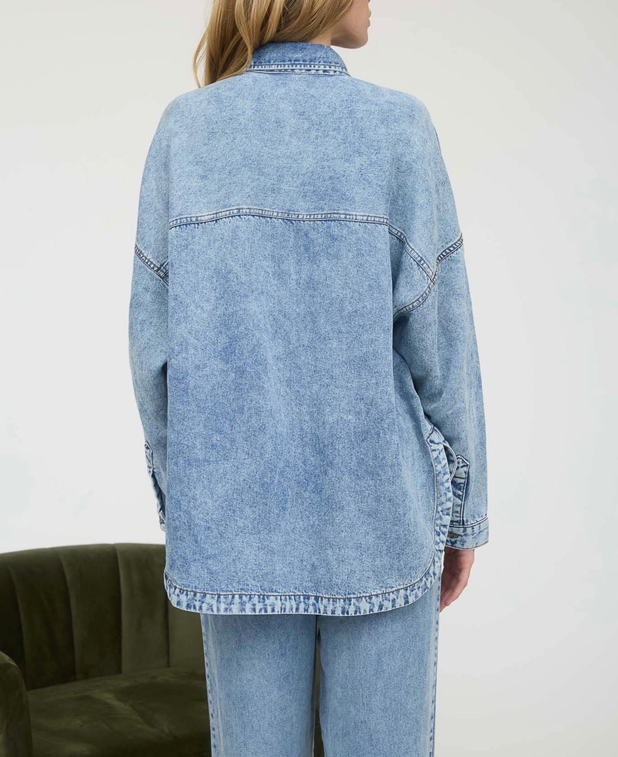 Zeva Washed Chambray Button Down Long Sleeve Top