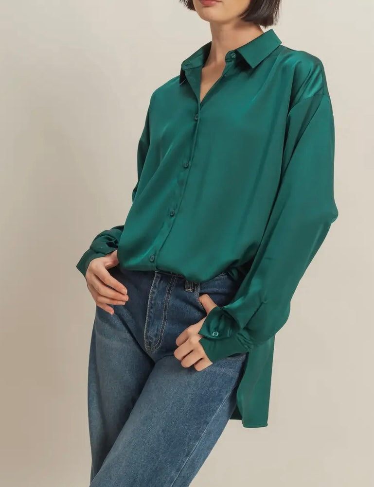 Mal Dark Green Satin Oversized Button Down Top