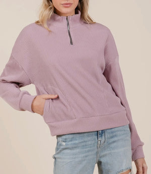 Henny Ribbed Lilac Quarter Zip Top