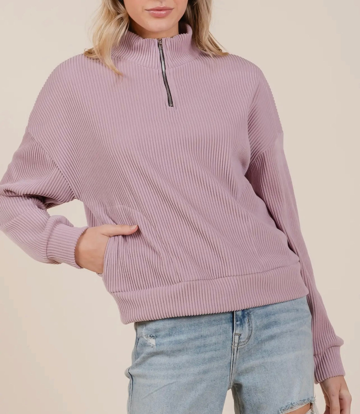 Henny Ribbed Lilac Quarter Zip Top