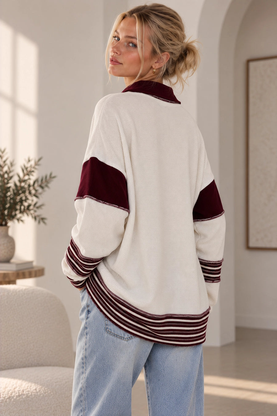 Kamp Stripe Contrast Burgundy Top