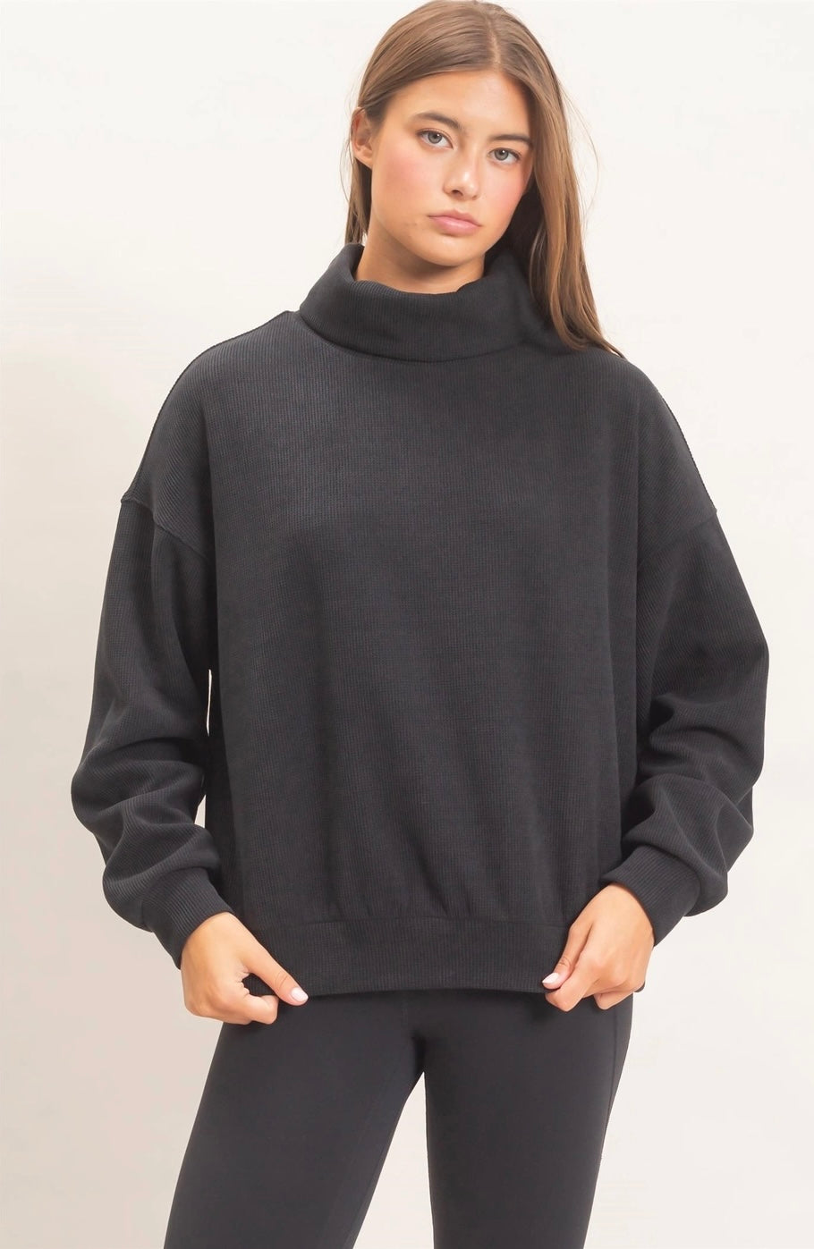Zara Mock Neck Waffle Knit Black Sweatshirt
