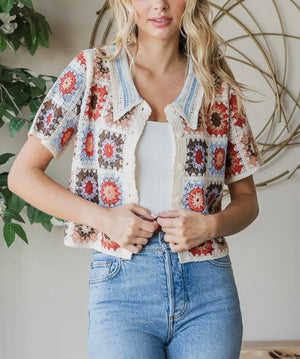 Mel Button Up Floral Crochet Top