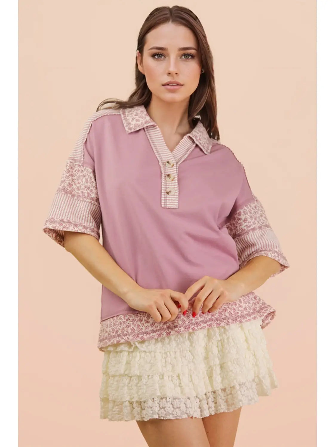 Jenna Collared Pink & Print Top