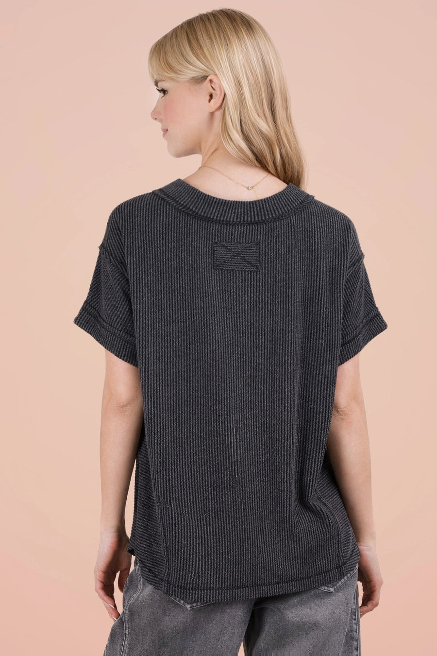 Dani Black Ribbed V Neck Top
