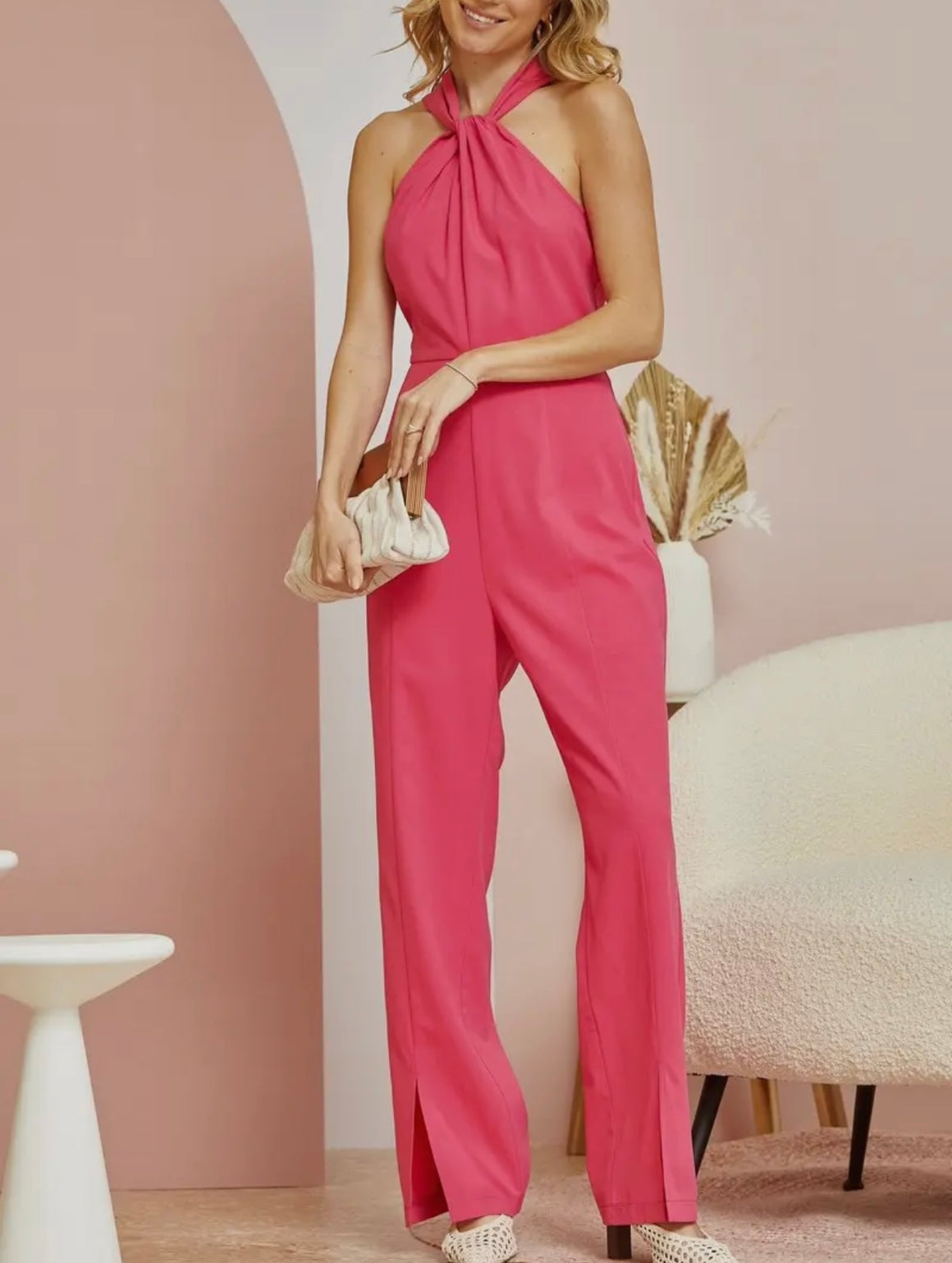 Gorg Cross Neckline Pink Jumpsuit