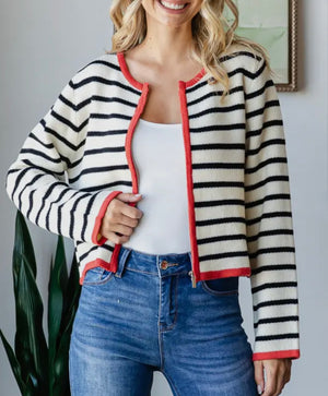 Clara Stripe Zip Up Red Cardigan