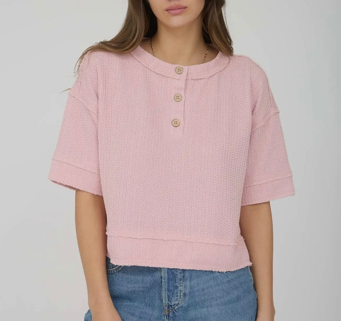 Abbi Pink Raw Edge Henley Top