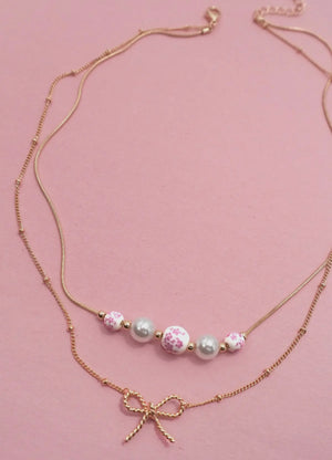 Pearl Pink Layered Bow Necklace