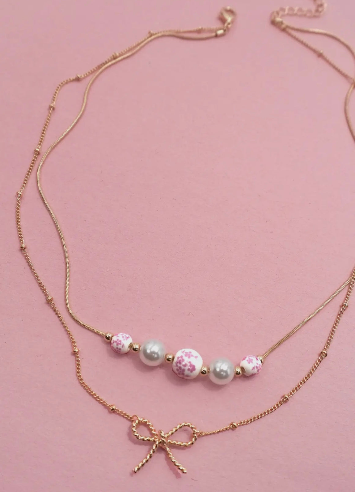 Pearl Pink Layered Bow Necklace