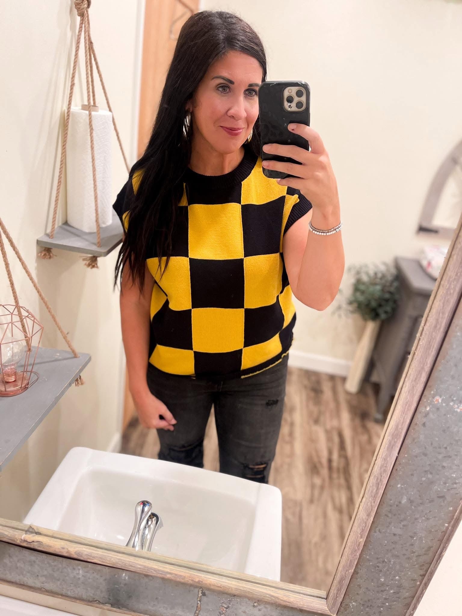 Checkered Yellow & Black Sleeveless Top