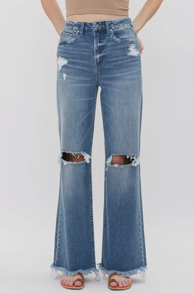 Blaze High Rise Wide Leg Distressed Jean