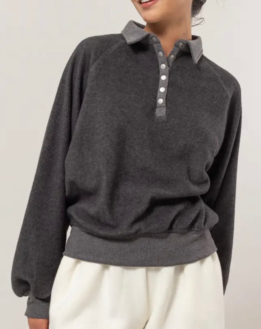 PBF Charcoal Collared Half Button Top