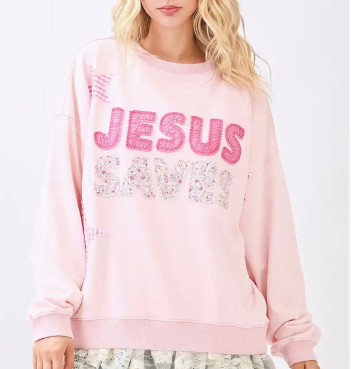 Jesus Saves Pink Patch Work Crewneck